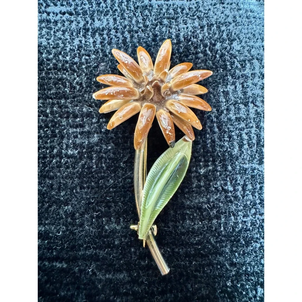 Vintage Enamel Flower Brooch Brown Green Gold Tone Mid Century Floral Pin 2.25
